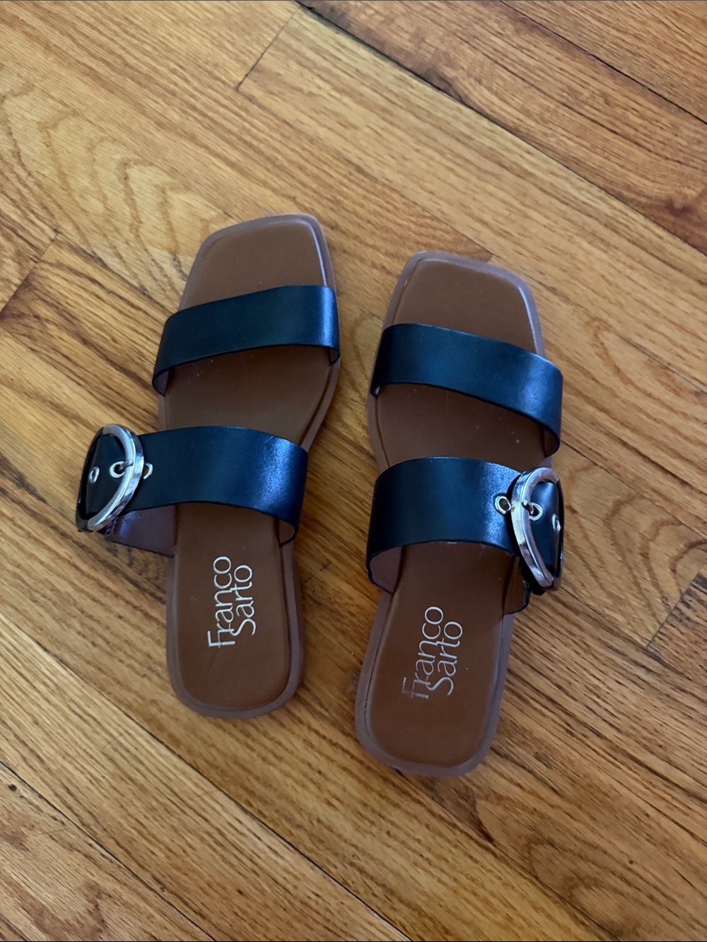 Franco Sarto Black Double-Band Leather Slide Sandals with Buckle
